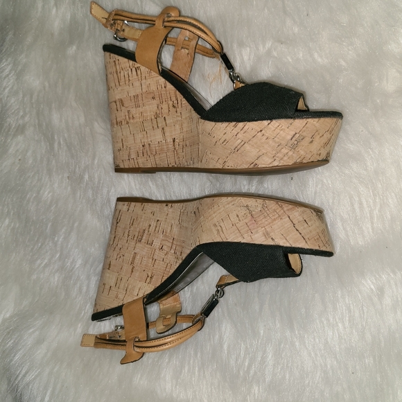 Y2K Coach Size 7.5 B Black Fabric Tan Cork Wedges - Picture 2 of 14